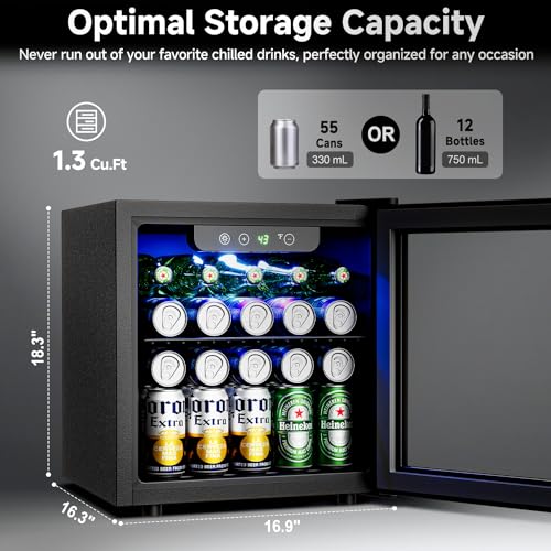 Beverage Refrigerator Cooler - 12 Bottle 50 Can Mini Fridge with Glass Door, Soda Wine Beer Drink Fridge - Small Refrigerator for Office Home Bedroom Dorm Bar, 1.3 Cu.Ft, Black