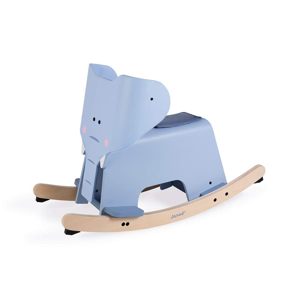 Janod - Elefante Basculante in Legno - Giocattolo Prima Infanzia - per Migliorare L’Equilibrio - Sistema Anti-Basculante, Poggiapiedi, Sella Rimovibile e Arco di Sicurezza - da 1 Anno in su, J08024