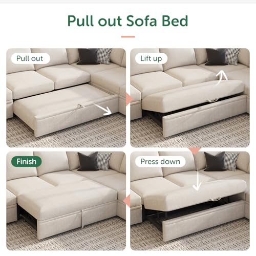 Image of HONBAY Modular Sectional Sleeper Sofa Bed, with Pull Out Bed, Linen Convertible Sectional Couches for Living Room - Beige