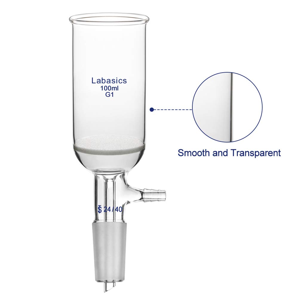 Labasics Borosilikat Glas Büchner Filtertrichter mit Grob Fritte (G1), 46mm I.D, 80mm Tiefe, Buchner Filtering Funnel mit 24/40 Standard Taper Innengelenk und Vakuumverzahnte Tubulation (100ml)