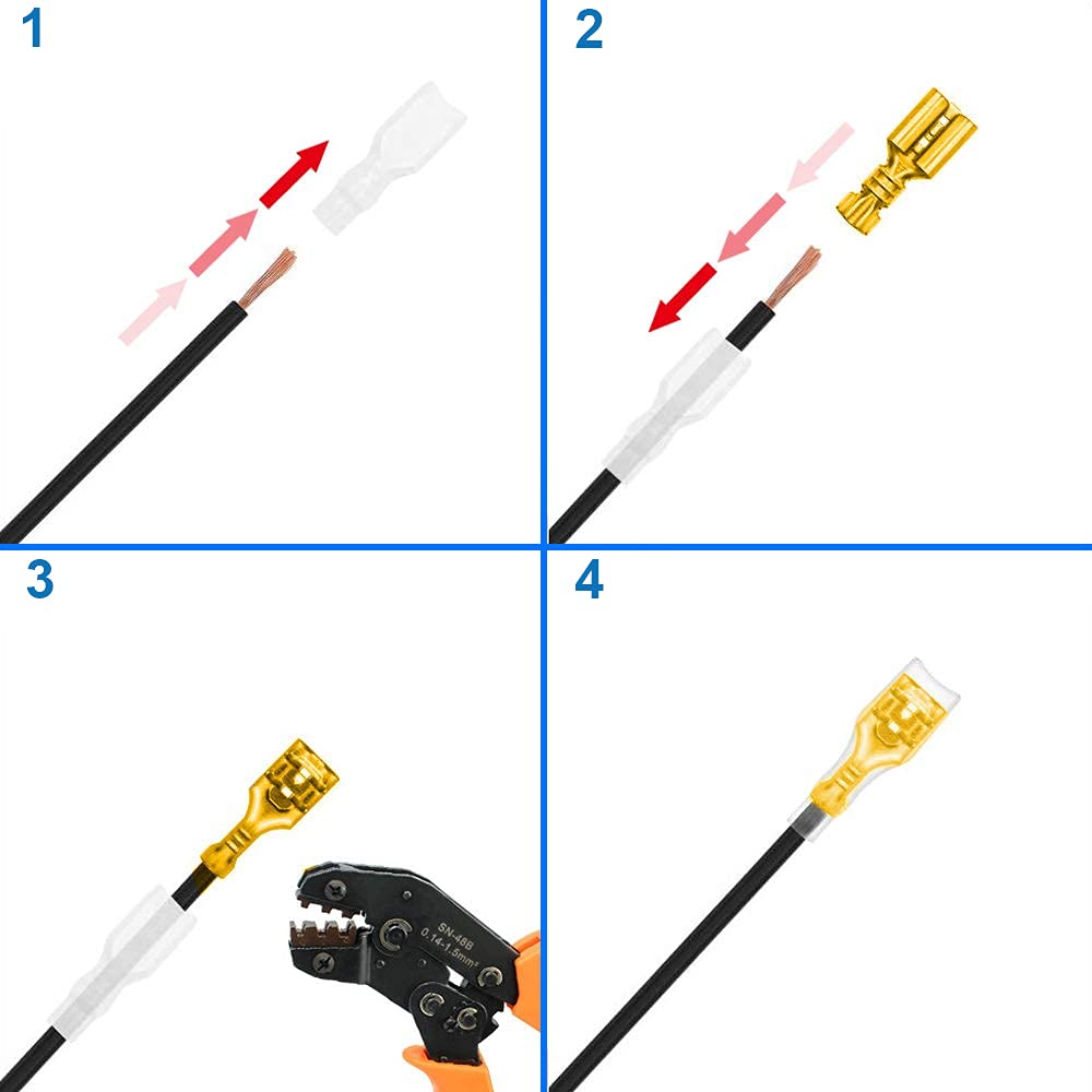 MMOBIEL 480 pz Assortimento di connettori a forcella Morsettiere a crimpare per cavi con guaine isolanti per cablaggio elettrico - 2,8 mm 4,8 mm 6,3 mm maschio e femmina - Oro