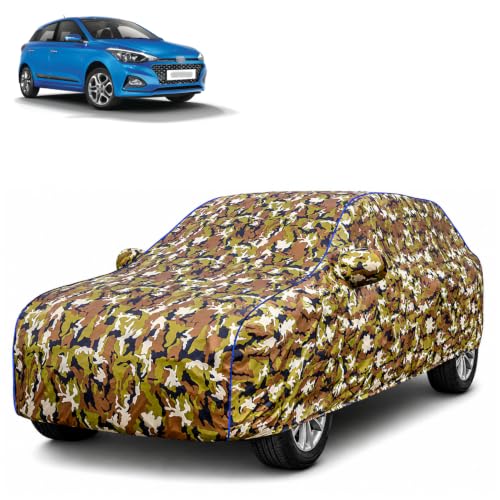 Image of Waterproof Car Body Cover for Hyundai Elite i20 with Mirror Pocket| Cotton Inner Lining | Triple Stitched | All Weather Protection | Dust, UV & Rain Proof (Camouflage with Blue Piping)