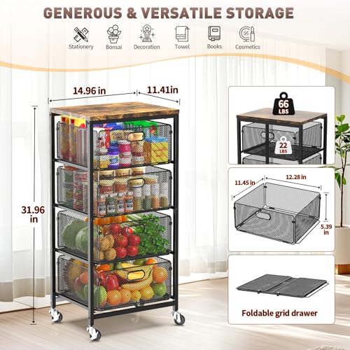 Image of SUNALLY Rolling Kitchen Cart with Drawers, 4-Tier Utility Cart Fruit Vegetable Storage Cart with Lockable Wheels, Wooden Top Metal Kitchen Storage Organizer for Cans, Snacks, Beauty, Craft, Art, Black
