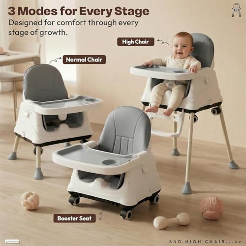 Image of StarAndDaisy High Chair for Baby /Baby Feeding Chair for 0 to 5 Years with 4 in-1 Multifunctions /High Chair with Height Adjustable,Wheels, Detachable Tray & 3-Point Safety Belt. (Grey)