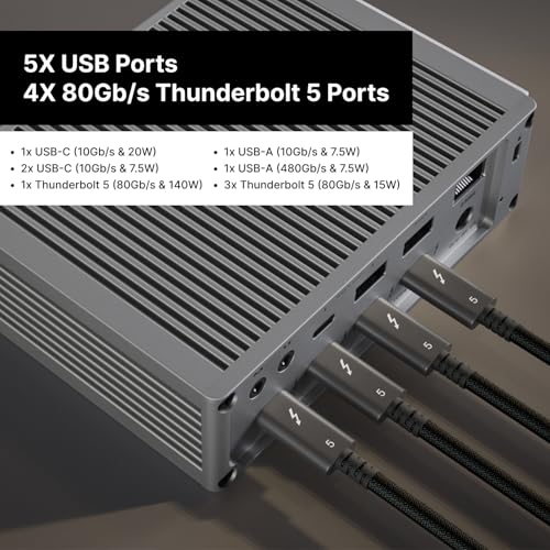 Image of CalDigit TS5 Thunderbolt 5 Dock - 15 Port, 140W Charging, 80Gb /s TBT 5 x 4, USB-C 10Gb x 3, USB-A x2, 2.5Gb Ethernet, Dual 8K@60Hz Displays, SD & microSD UHS-II, 1m Braided Cable, Space Gray 240W PSU