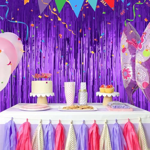 Image of Purple Backdrop Curtains Birthday Decorations 2Pack Halloween Foil Curtain Backdrop Streamers Party Decorations Photo Booth Props for Party Decorations