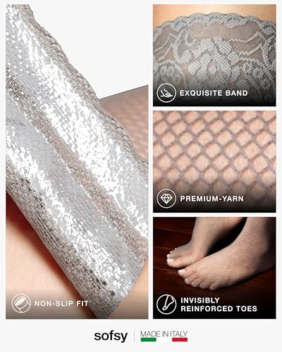 Image of sofsy Italian-Made Soft Fishnet Stockings for Women | 10-Year Hosiery Craftsmanship, Soft Dual Silicone Lace Top, Thigh Highs, Small Grid, Dig-Free, Stretchy