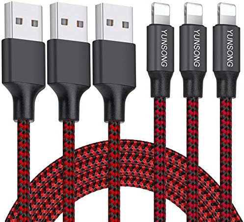 iPhone Charger, YUNSONG 3Pack 6FT Nylon Braided Lightning Cable Charging Cord USB Cable Compatible with iPhone 11 Pro Max Xs XR X 8 7 6S 6 Plus SE 5S 5C 5, iPad (Red)