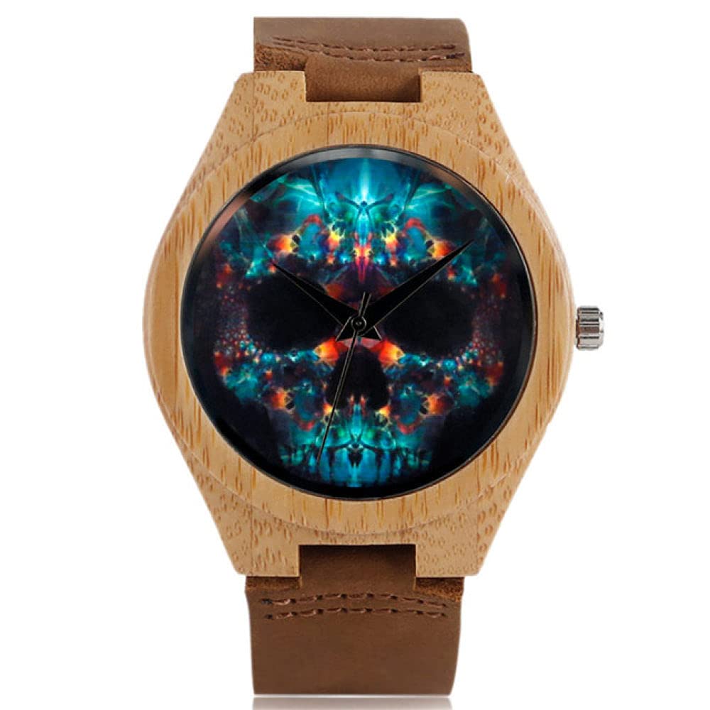 CAIDAI&YL Exhiba el Reloj de bambú del Cuero del Movimiento del Cuarzo de los Relojes de los Hombres de Madera Natural del dial Redondo , D