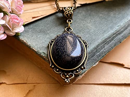I.love.vintage Jewelry (London) Blue Goldstone Necklace Sparkling Gemstone Pendant Bronze Filigree Wrapped And Gift Boxed #TOP2