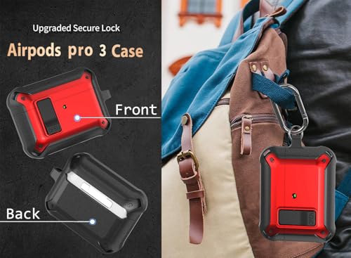 Image of Olytop for Airpods Pro 3 Case with Lock Clip, Rugged Apple Airpods Pro 3rd Generation Cover 2025 Men Women, Armor Shockproof iPod Pro3 Gen Protective Hard Shell with Carabiner&Cleaner kit, Black /Red