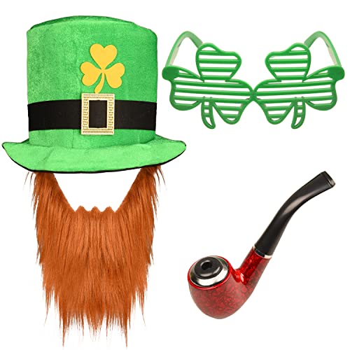 MFUOE St. Patricks Day Leprechaun Green Hat Eyeglasses and Pipe with Shamrock Leprechaun Ireland Cap for St. Patricks Day,Carnival Fancy,Irish PubDress Costume Accessory