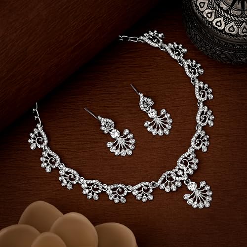 Image of Atasi International American Diamond Style Silver Plated Necklace with Earrings Jewellery Set for Women - Perfect for Party, Wedding, and Engagement