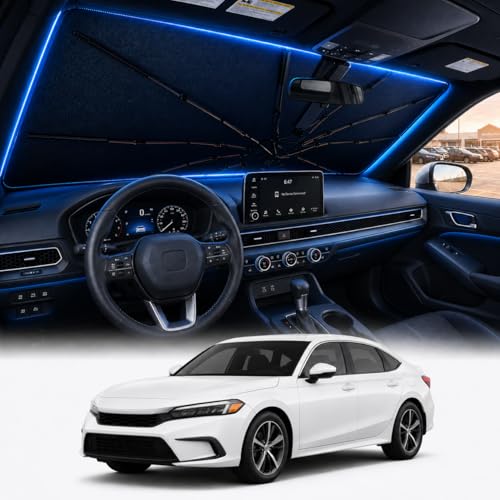 [2026 Upgraded] DooGooCoo Windshield Sun Shade Umbrella for Honda Civic 2022-2025 2026 [100% Sunlight Blocked Cooling Ice Crystal] Sunshade for Car Windshield for Civic Sun Shade Custom Fit Civic.