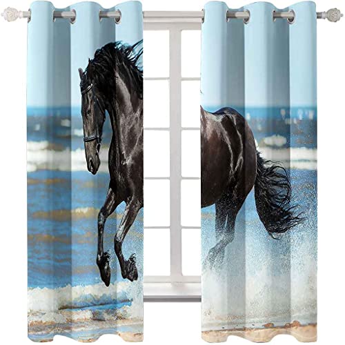 PVMLVM Rideaux Occultants Isolant Thermique Polyester Rideaux pour Garçon Fille Chambre Cheval Animal Noir 3D Design Moderne À Oeillets Salon Rideau 170x200cm(Largeur x Hauteur),2 Pièces Cover