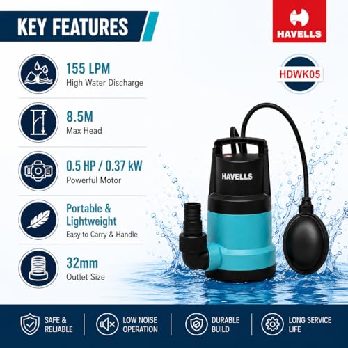 Image of Havells HDWK05 Submersible Dewatering Pump | 155 LPM High Discharge | 8.5M Max Head | Portable Water Drainage Pump | 32mm Outlet | Sumps, Tanks & Flooded Areas | 1 Year Warranty