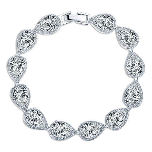 MASOP Women's Silver-Tone Clear CZ Cubic Zirconia Pear Shape Teardrop Bracelet Bangle Chain