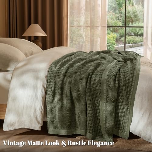 Image of PHF Stone Washed 100% Cotton Waffle Blanket, Vintage Deep Honeycomb Texture, Breathable Thermal Blanket for Bed & Home Decor, All Season Layering - King, Moss