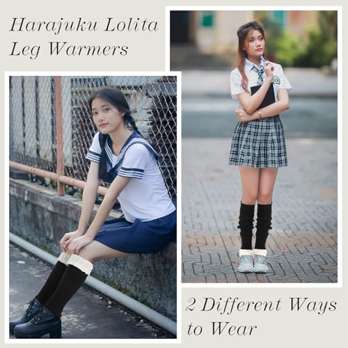 Image of Coume Women Lace Leg Warmers Y2k Kawaii Lolita Leg Cover Warmer Knit Harajuku Japanese Flared Socks Cute Worn up or Down (Black)