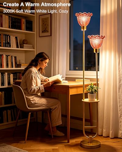 Image of Lightdot 2-Lights Modern Glass Floor Lamp with Table Gold Standing Tall Lamps with Pomegranate Red Glass Shade, LED Floor Lamp with Foot Switch for Living Room Bedroom Home Decor (Bulbs Included)