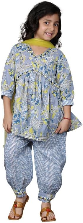 Superminis Girls Cotton Floral Printed Kurti Palazzo Style Salwar Set With Net Dupatta Kids Ethnic Wear Set