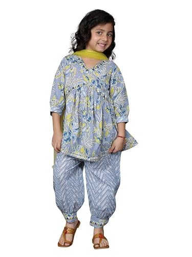 Superminis Girls Cotton Floral Printed Kurti Palazzo Style Salwar Set With Net Dupatta Kids Ethnic Wear Set (12-18 Months, Blue)