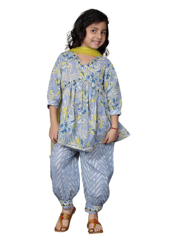 Image of superminis Girls Cotton Floral Printed Kurti Palazzo Style Salwar Set With Net Dupatta Kids Ethnic Wear Set