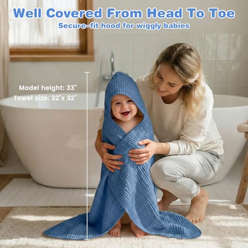 Image of Hooded Baby Bath Towels for Newborn, 2 Pack - 6-Layer 100% Muslin Cotton, Soft Absorbent Baby Towels with Hood for Babies, Infants & Toddlers, Large 32x32 Inch Unisex Newborn Baby Bath Essentials