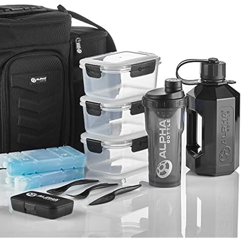 Alpha Designs Meal System - Fully-Loaded Insulated Meal Prep Bag with Alpha Bottle 750, Alpha Bottle XL, Pill Box, Cutlery, 2 x Ice Packs and 3 x Leak-Proof Boxes Cover