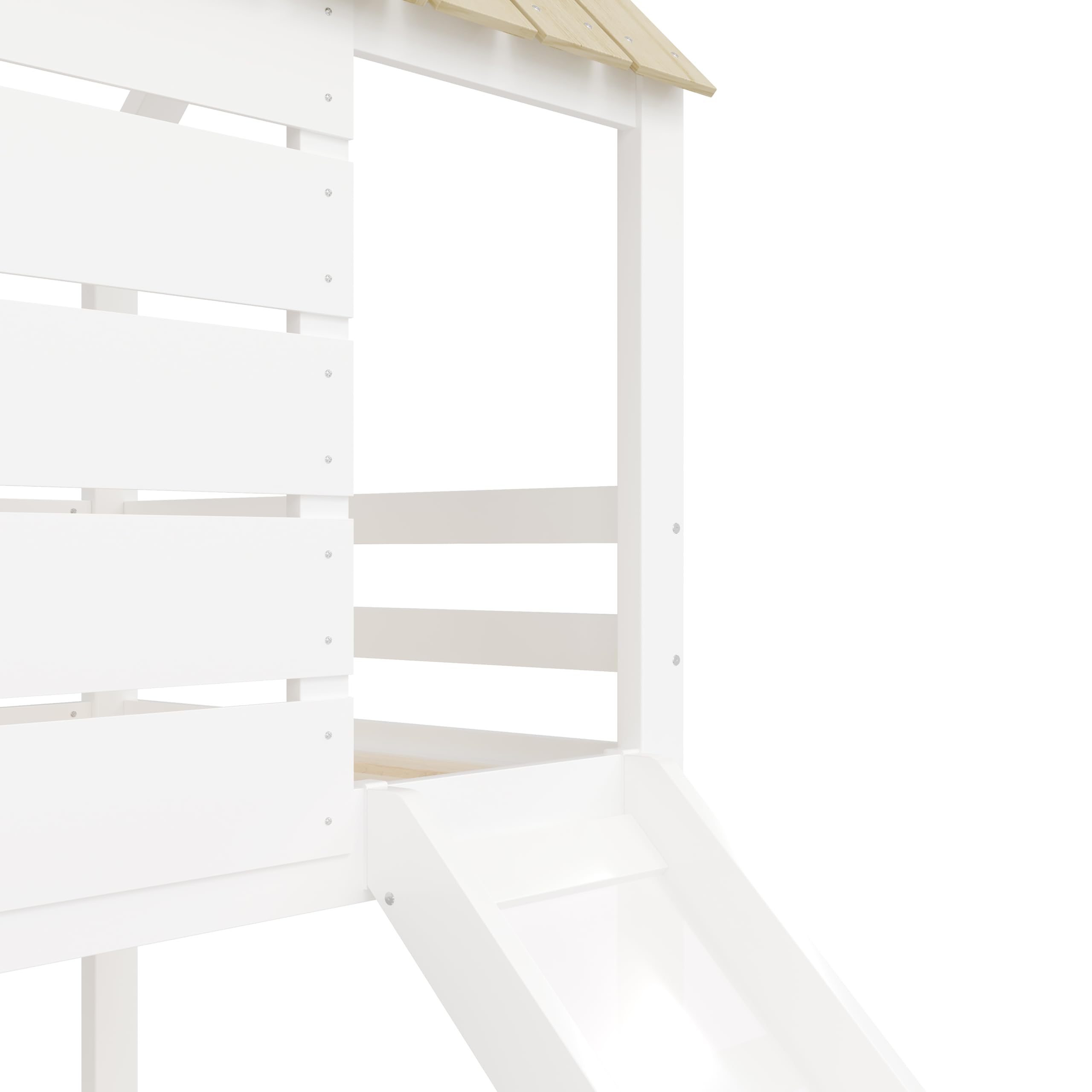 Letto a soppalco basso con scivolo, letto a soppalco con scivolo, 90x200 letto singolo con 2 cassetti, scala e protezione dalle cadute, senza materasso (bianco+naturale)