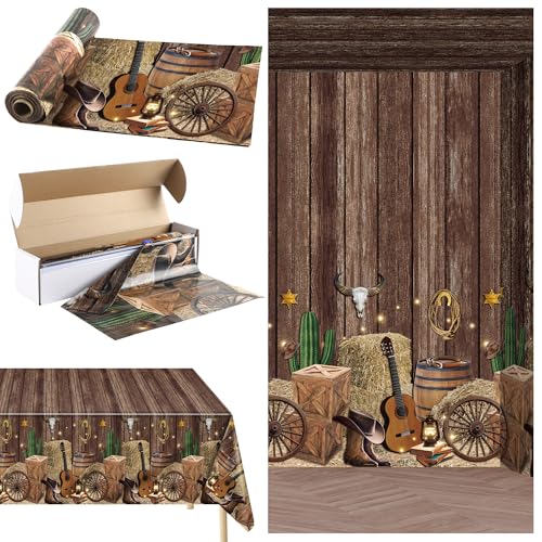 Image of Kochorie 54 Inch X 100 Feet Western Party Tablecloth Roll, Disposable Western Cowboy Table Cover, Cowboy Theme Plastic Tablecloth Wild West Wooden House Barn Door Table Cover for Baby Shower Birthday