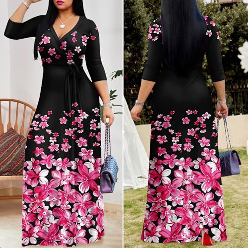 Image of FANDEE Plus Size Maxi Dress for Women Casual Summer Sundress V-Neck 3 /4 Sleeve