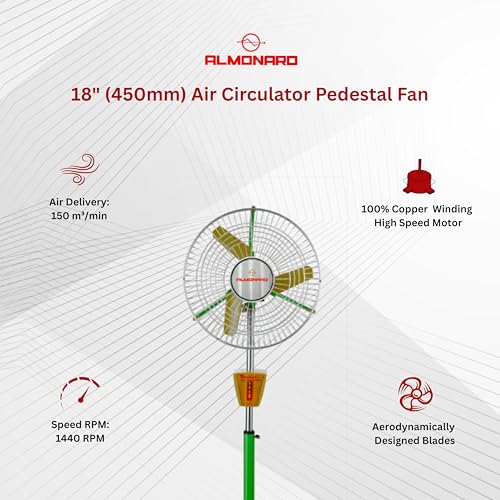 Image of Almonard 450mm Pedestal Air Circulator Fan | Heavy Duty | Industrial | 1440 RPM High Speed | With Full Copper Motor | For Factory & Warehouse | Metal Blades | 1 Year Warranty