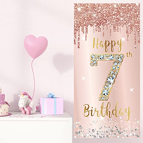 Image of 7th Birthday Door Banner Decorations for Girls, Pink Rose Gold Happy 7 Door Cover Sign Party Supplies, Seven Year Old Backdrop Poster Background Decor