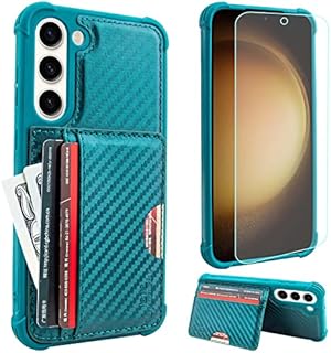 b1b byoneby Samsung Galaxy S23 5G Wallet Case with Credit Card Holder Slots & 1-Pack Screen Protector Wireless Charging Stand Shockproof Carbon Fiber Cover for Galaxy S23,Rose Gold