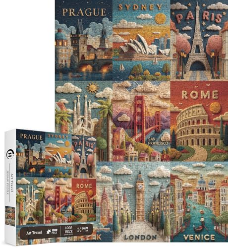 Puzzles de monumentos mundiales para adultos de 1000 piezas. Rompecabezas en estilo fieltro de paisaje. Rompecabezas de arte con vistas desafiantes de Nueva York, Londres y París miniatura 2