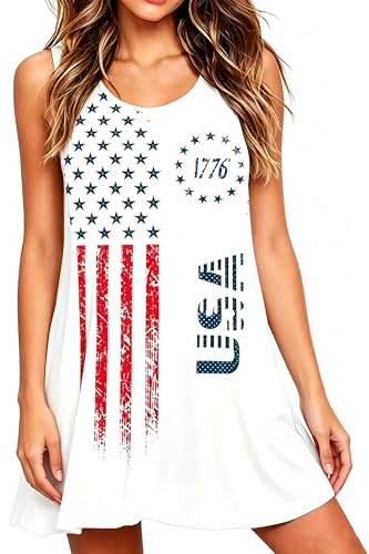Image of Roshop Womens Juneteenth Flag Sleeveless Dress 4th of July Patriotic Swing Sundress with Pockets