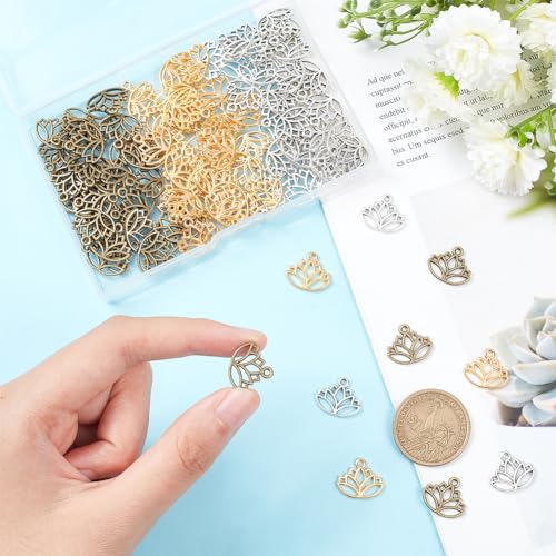 UNICRAFTALE about 120 pcs 3 Colors Lotus Charms Hollow Lotus Flower Charms Alloy Yoga Charms Lotus Pendants Metal Charms Mini Charms Pendant for DIY Necklace Bracelet Earring Jewelry Making Crafting - Image 2