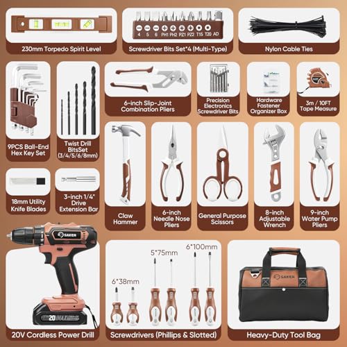 Image of Saker 20V Tool Set with Drill, General Home Hand Tool Kit with 14-Inch Storage Bag, Tool Set with 20V Cordless Drill for DIY Projects, Home Repairs, Handyman, Mocha Brown