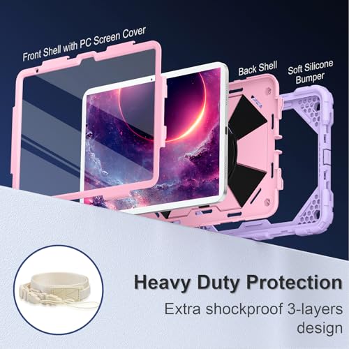 Image of Scnioy Case for iPad (A16) 11th Generation 11 Inch (2025), iPad 10th Generation Case 10.9 Inch (2022), Shockproof Cover with 360 Rotating Stand Screen Protector Pen Holder Shoulder Strap, Purple Pink