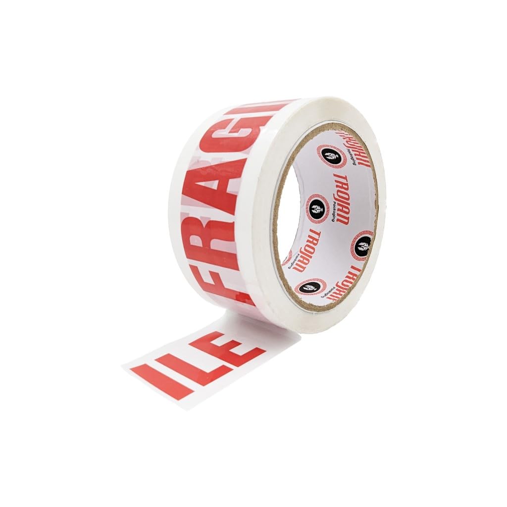 Trojan Packaging Tapes Heavy Duty Industrial Quality All Purpose Parcel Packaging Tape 48mm x 66m Long With Strong Adhesive for all Mailing Shipping Boxes Brown, Clear or Fragile (6, Fragile)
