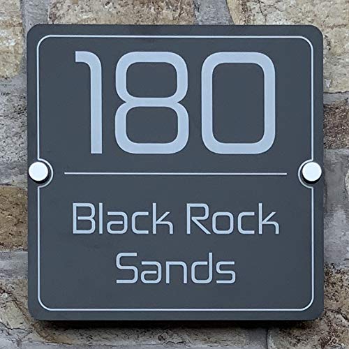 The Black Rock Sands Modern House Sign with a Anthracite Grey Panel and Satin Silver Stand Off Fixings (Size - 20cm x 20cm)