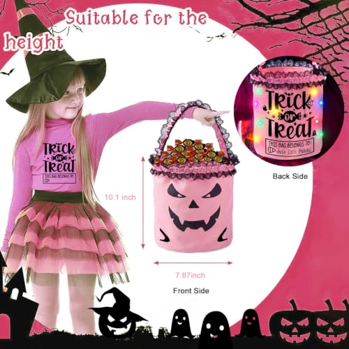 Halloween Trick or Treat Bags Candy Bucket, Upgraded Light Up Ghost Basket Decoration Multipurpose Reusable Goody Sweet Buckets for Scary Night Party Supplies Favors Festival Decor Gifts Pink 1 Pack - image 2