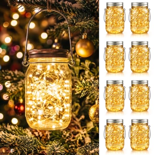 HXWEIYE 8 Pack Solar Mason Jar Lights Lanterns Jars & Hangers Included30LED Waterproof Hanging Outdoor Fairy Lights for Patio Garden Porch Yard Backyard Balcony Wedding(Warm White)