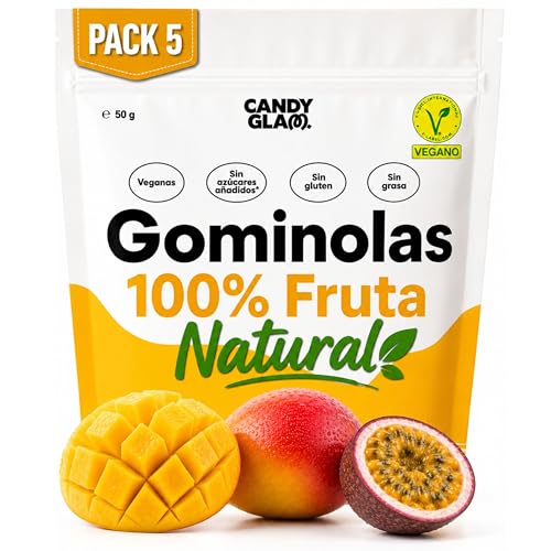 Gominolas Sin Azúcar Mango Maracuyá, Snacks Saludables Sin Gluten, Chuche Saludable con Fruta Concentrada, Gummies Veganas Alto en Fibra, Healthy Snacks Tropicales Pack 5 Bolsas 250g