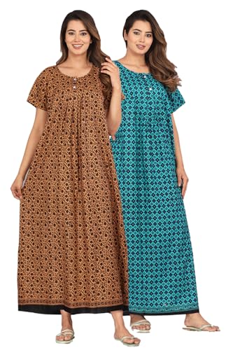Image of Kuruti B Sheets Nighty for Women Cotton Combo (Pack of 2 Pcs) Nighty Gown Round Neck Short Sleeves Free Size