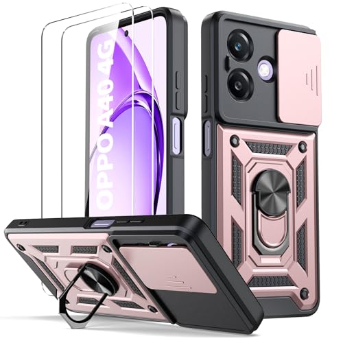 Oududianzi - Funda para OPPO A40 / A40M / A60 5G[2 Protector Vidrio Templado], con Cubierta Deslizante de la Cámara, Soporte Giratorio de 360 ° y Funda Protectora TPU de Silicona - Rosa