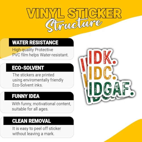 Calcomanías IDK IDC IDGAF de vinilo duradero para personalizar objetos sin dañarlos 3