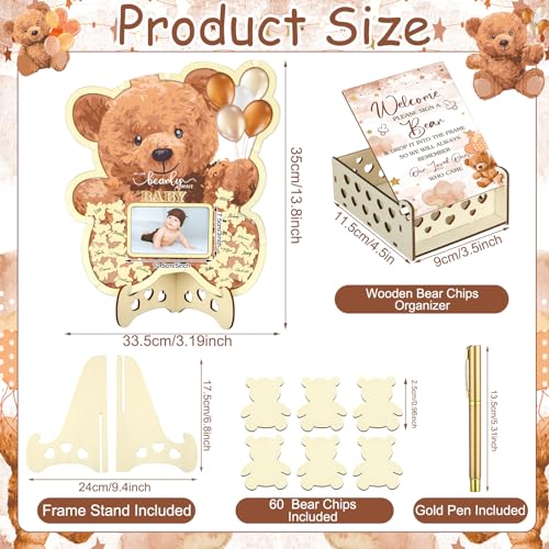 Image of Wenqik 63 Pcs Brown Bear Baby Shower Guest Book Alternatives Set Baby Shower Decorations with Photo Frame Sonogram Frame Keepsake 60 Wood Slices Guest Book for Birthday