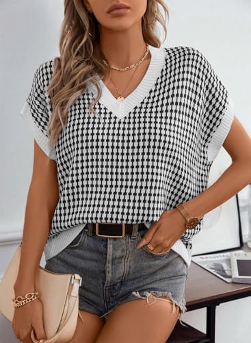 Dokotoo Womens Casual Summer Tops V Neck Short Sleeve Plaid Knit Vest Loose Fit Pullover Sweaters Blouses4